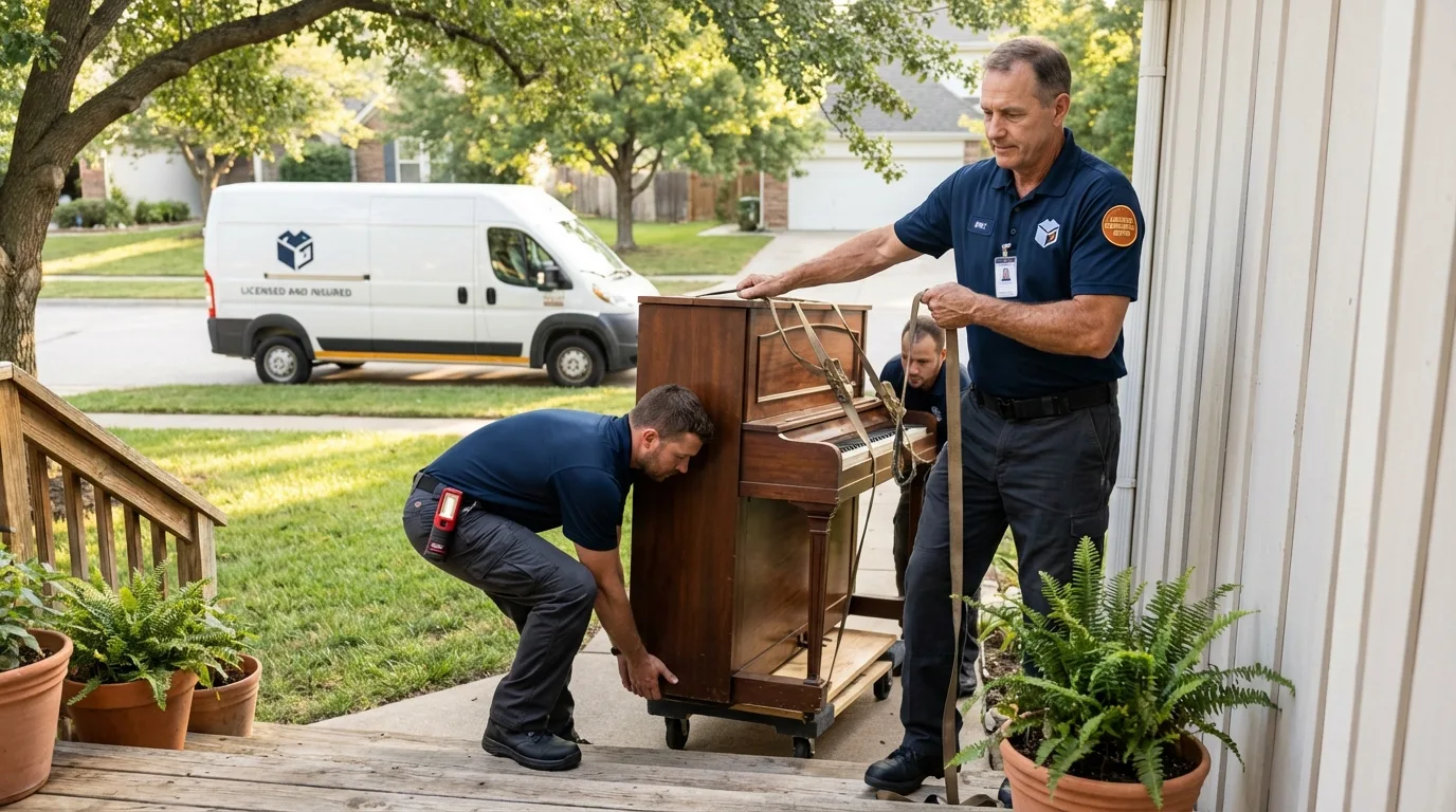 Licensed piano movers securing grand piano in La Porte, IN