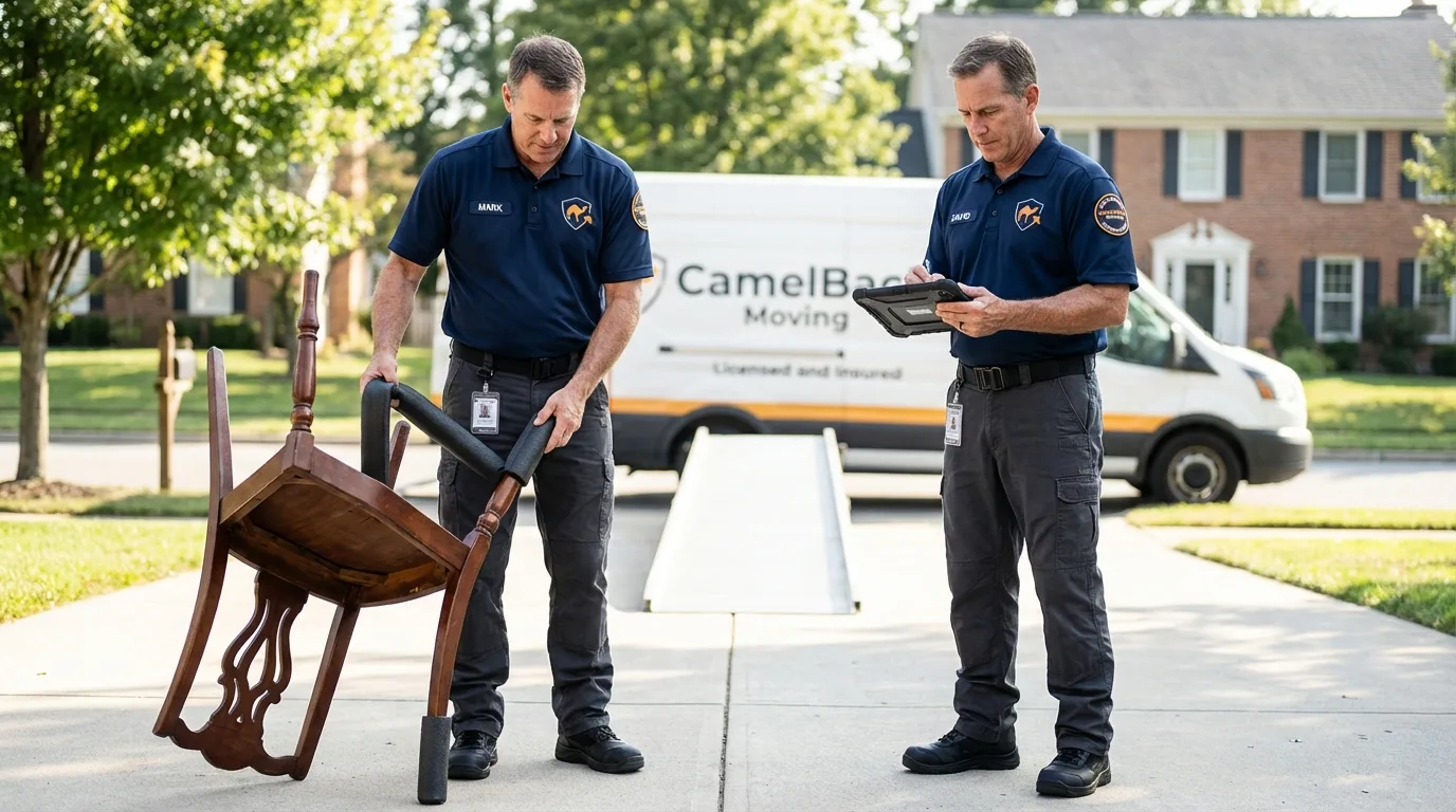 Movers inspecting furniture for damage prevention before loading in La Porte, IN