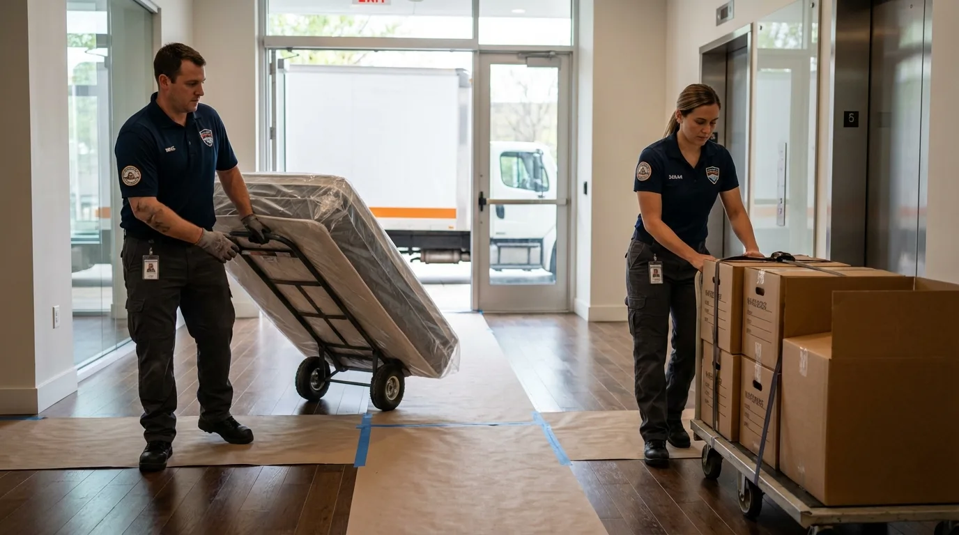 Professional apartment movers loading elevator in La Porte, IN