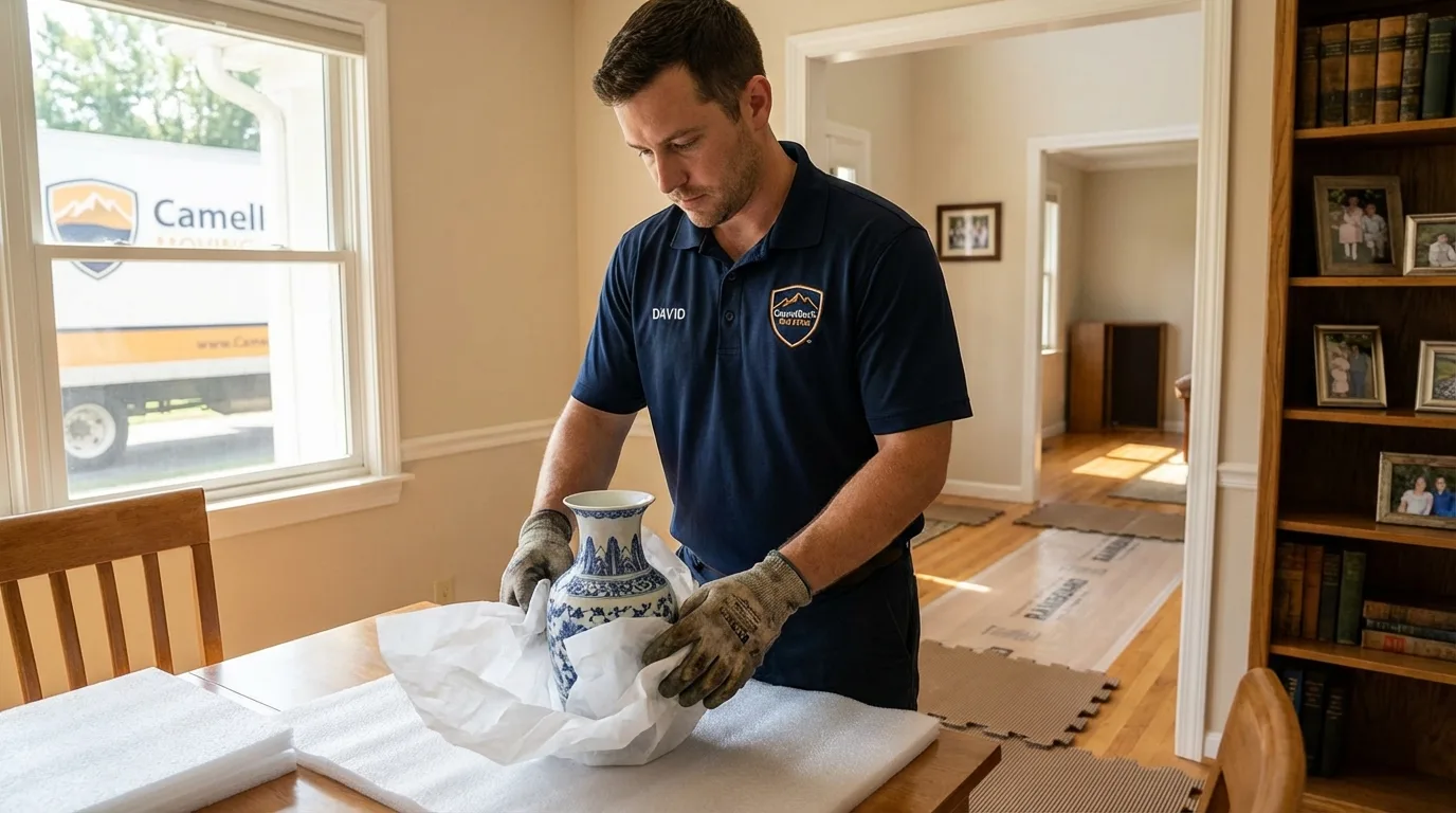 Professional crew carefully wrapping antique vase for senior downsizing move in La Porte, IN